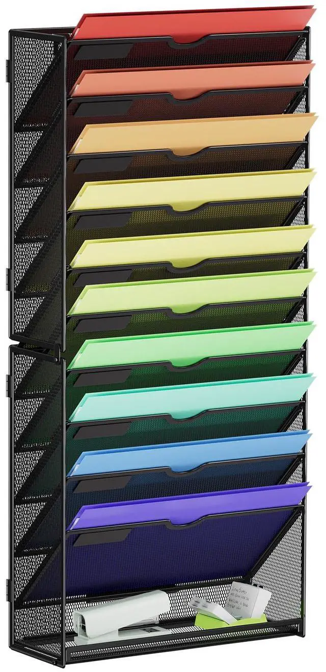 Main image of Wall File Holder 11-Tier Hanging Wall File Organizer, for Papers, Files Clipboard & Magazine Organizer, Wall Mount File Holder Great for Office Home (Black)
