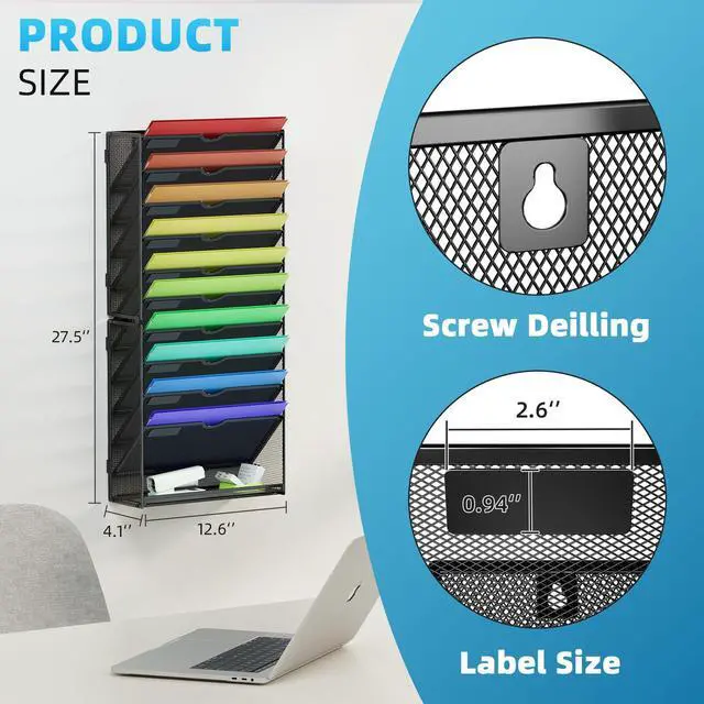 Alt view image 2 of 7 - Wall File Holder 11-Tier Hanging Wall File Organizer, for Papers, Files Clipboard & Magazine Organizer, Wall Mount File Holder Great for Office Home (Black)