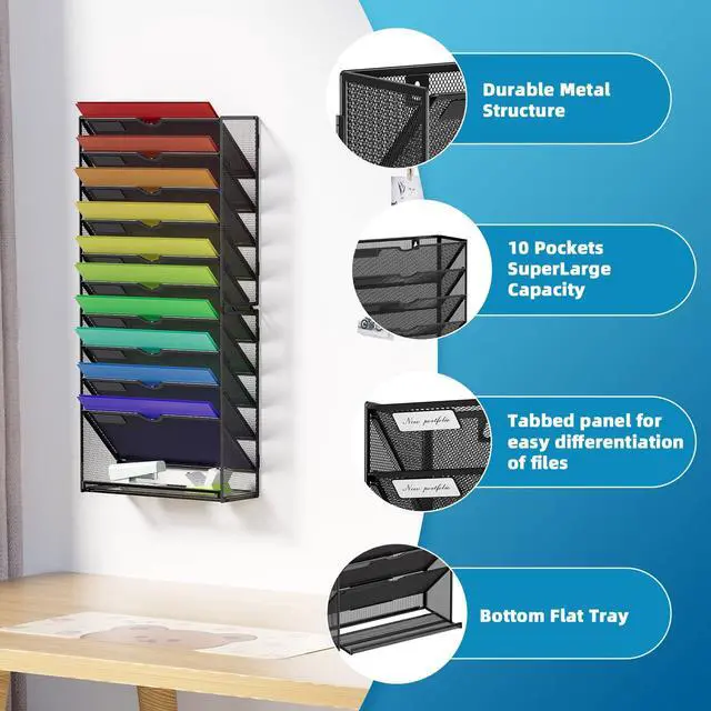 Alt view image 3 of 7 - Wall File Holder 11-Tier Hanging Wall File Organizer, for Papers, Files Clipboard & Magazine Organizer, Wall Mount File Holder Great for Office Home (Black)