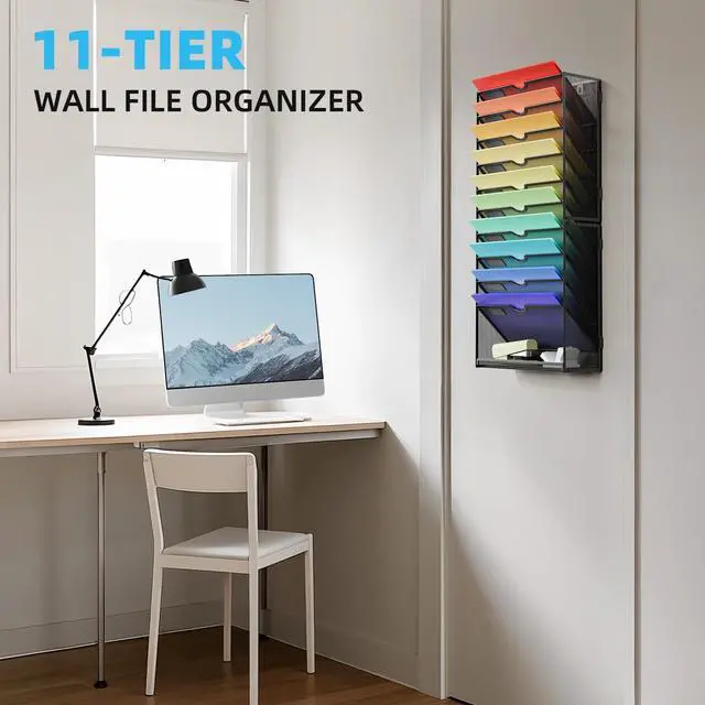 Alt view image 4 of 7 - Wall File Holder 11-Tier Hanging Wall File Organizer, for Papers, Files Clipboard & Magazine Organizer, Wall Mount File Holder Great for Office Home (Black)