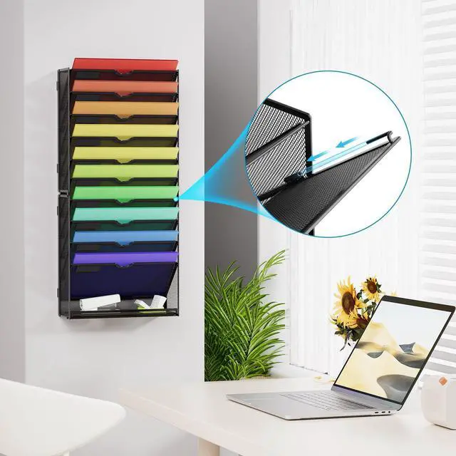 Alt view image 5 of 7 - Wall File Holder 11-Tier Hanging Wall File Organizer, for Papers, Files Clipboard & Magazine Organizer, Wall Mount File Holder Great for Office Home (Black)
