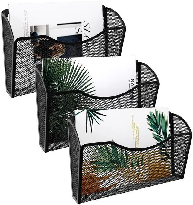 Main image of Wall File Organizer 3 Pack, Hanging File Organizer Wall Mount, Metal Mesh Folder Holder for Letter/A4 Papers, Mail Sorter for Office, Classroom, Home, Black