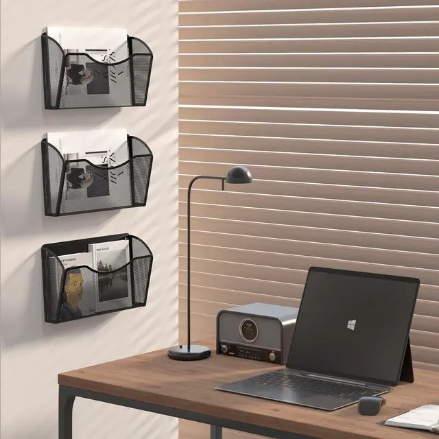 Alt view image 6 of 7 - Wall File Organizer 3 Pack, Hanging File Organizer Wall Mount, Metal Mesh Folder Holder for Letter/A4 Papers, Mail Sorter for Office, Classroom, Home, Black