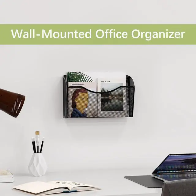 Alt view image 3 of 7 - Wall File Organizer, Metal Mesh Hanging File Folder Holder for Letter/A4 Size Folders, Vertical Wall Mount Mail Sorter for Office Paperwork, Classroom, Black