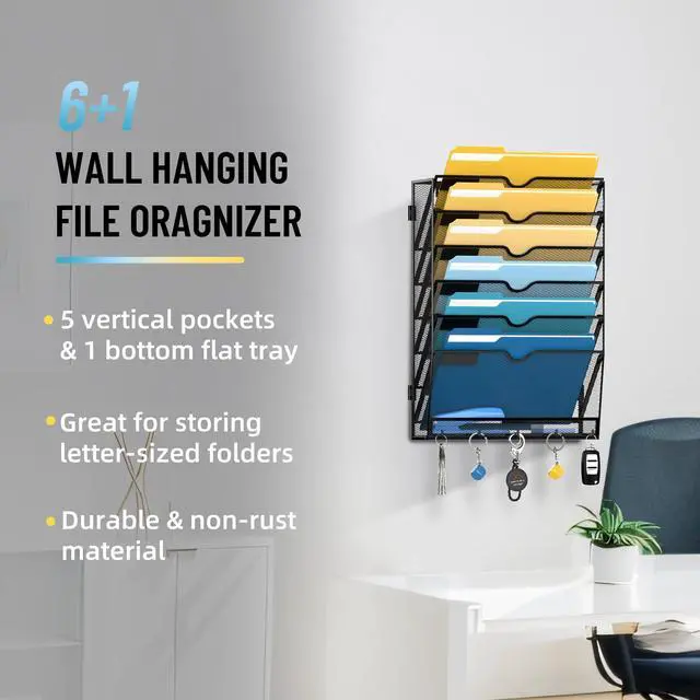 Alt view image 2 of 7 - 7-Tier Mesh Wall File Holder, Hanging Wall File Organizer, Office Organization for Papers, Mails, Folders, Files Clipboard Magazine Rack, Black