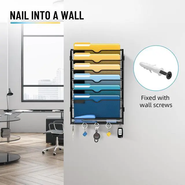 Alt view image 6 of 7 - 7-Tier Mesh Wall File Holder, Hanging Wall File Organizer, Office Organization for Papers, Mails, Folders, Files Clipboard Magazine Rack, Black