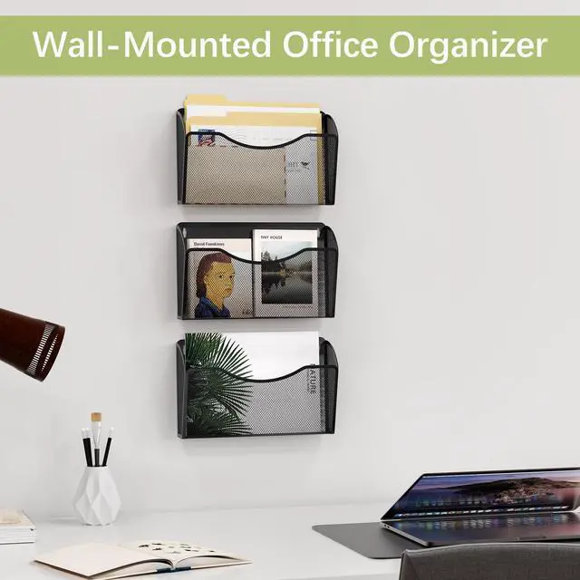 Alt view image 3 of 7 - Wall File Organizer 3 Pack, Hanging File Organizer Wall Mount, Metal Mesh Folder Holder for Letter/A4 Papers, Mail Sorter for Office, Classroom, Home, Black