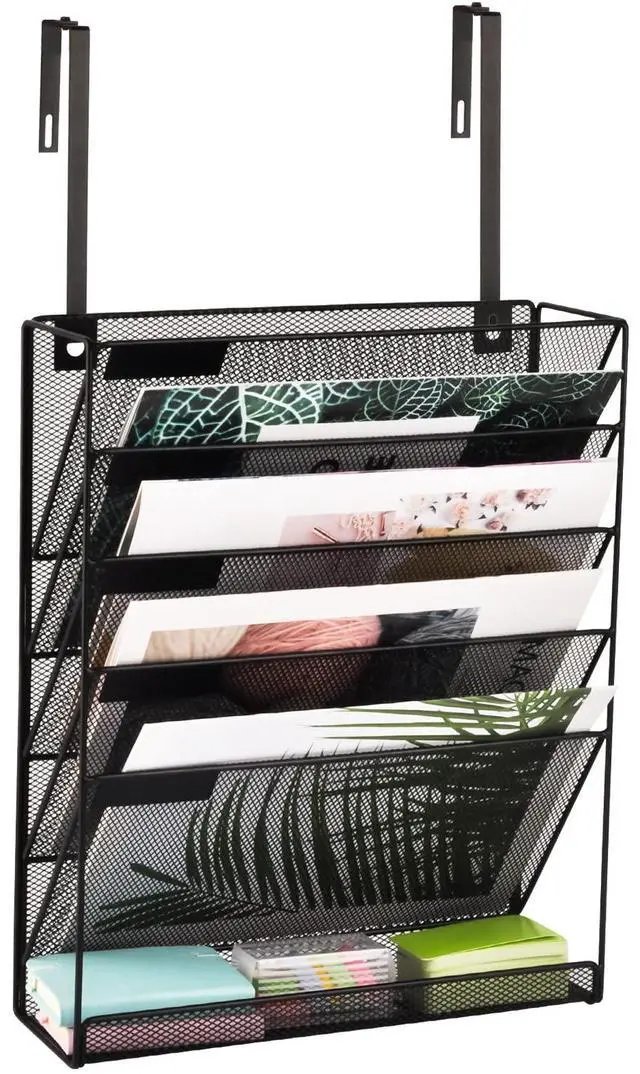 Main image of Desk File Organizer Mesh 6-Tier with Hangers, Hanging Wall Mount Document Organization Stand, Desktop Vertical Mail Paper Folder Holder with Bottom Tray for Office Home Cubicle, Black