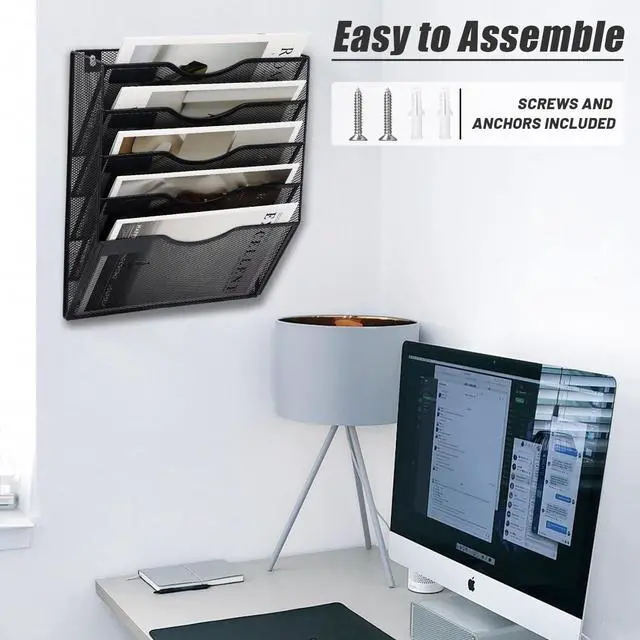 Alt view image 5 of 7 - 5 Pocket Mesh Hanging Wall File Organizer, Wall Mounted Mail Paper Document Folder Holder, Clipboard Storage Organization Magazine Rack with Nametag Label for Office Home School, Black