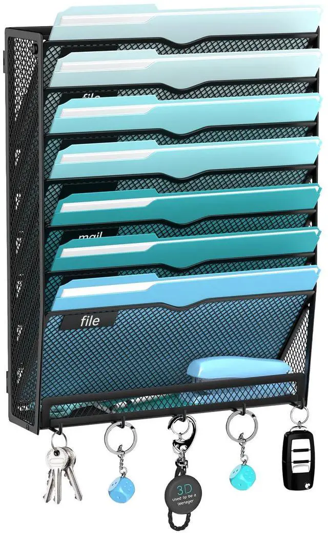 Main image of 8-Tier Hanging Wall File Organizer with 5 Hooks, Mesh Wall File Holder Vertical Mount Mail Organizer for Papers, Folders, Magazines, Bills, Office and School, Black