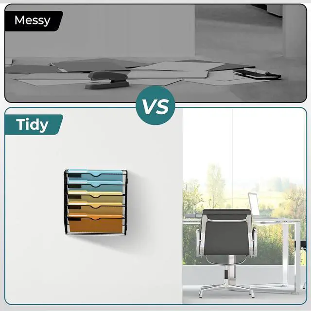 Alt view image 6 of 7 - 5 Tier Wall File Organizer, Hanging Wall Mounted Mail Organizer with Label Slots, Metal Mesh File Holder Magazine Rack for Office, Home, School or Classroom, Black
