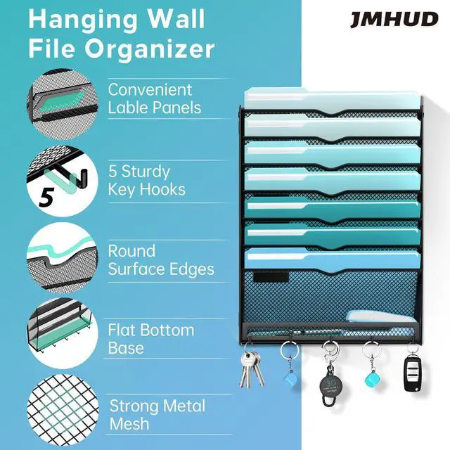 Alt view image 3 of 7 - 8-Tier Hanging Wall File Organizer with 5 Hooks, Mesh Wall File Holder Vertical Mount Mail Organizer for Papers, Folders, Magazines, Bills, Office and School, Black