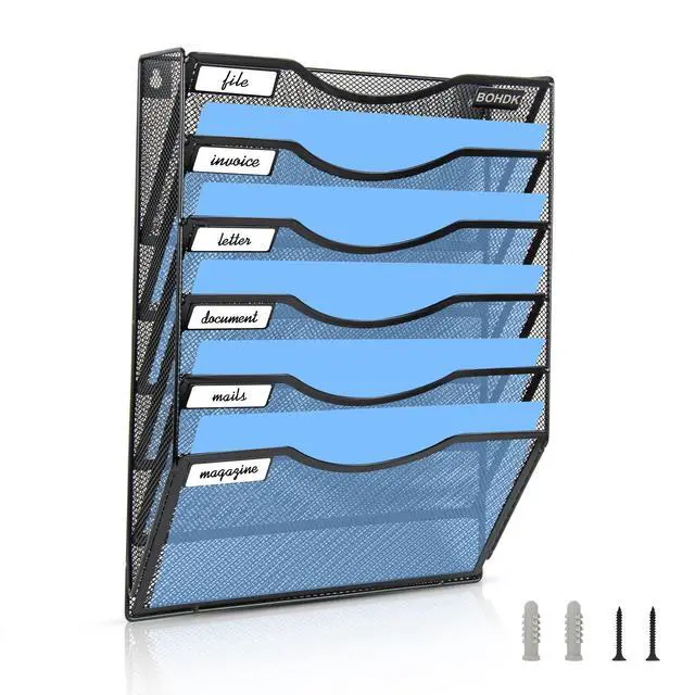 Alt view image 2 of 7 - Wall File Organizer, 6 Tier Hanging File Folder Mail Organizer, Vertical Mesh Metal Wall Mount Hanging File Holder, Paper Document Magazine Rack for Home Office Black