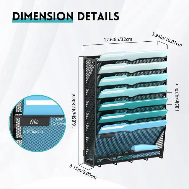 Alt view image 2 of 7 - 8-Tier Hanging Wall File Organizer with 5 Hooks, Mesh Wall File Holder Vertical Mount Mail Organizer for Papers, Folders, Magazines, Bills, Office and School, Black