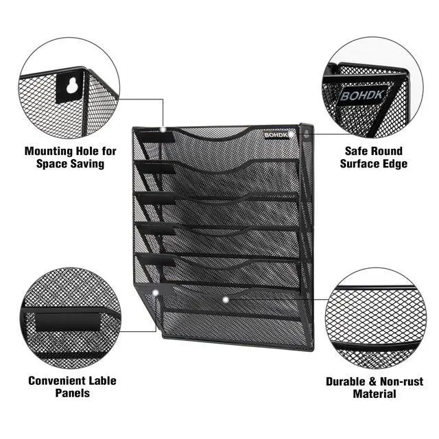 Alt view image 5 of 7 - Wall File Organizer, 6 Tier Hanging File Folder Mail Organizer, Vertical Mesh Metal Wall Mount Hanging File Holder, Paper Document Magazine Rack for Home Office Black
