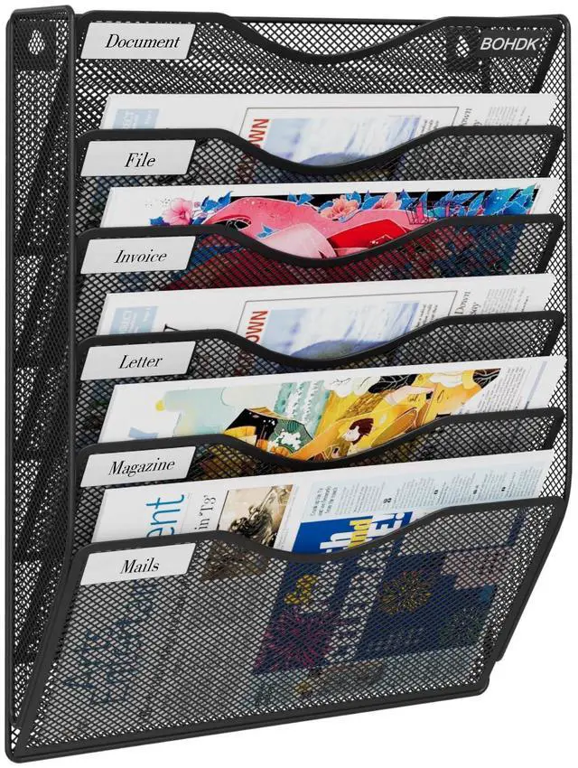 Main image of Wall File Organizer, 6 Tier Hanging File Folder Mail Organizer, Vertical Mesh Metal Wall Mount Hanging File Holder, Paper Document Magazine Rack for Home Office Black