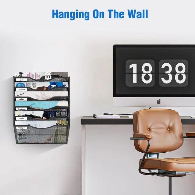 Alt view image 7 of 7 - Wall File Organizer, 6 Tier Hanging File Folder Mail Organizer, Vertical Mesh Metal Wall Mount Hanging File Holder, Paper Document Magazine Rack for Home Office Black