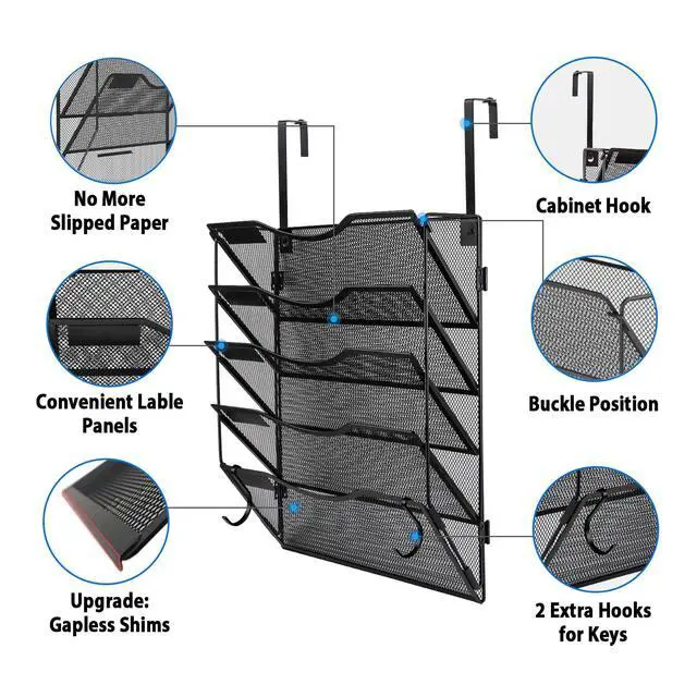 Alt view image 2 of 7 - Wall File Organizer 5 Pockets, Mail Organizer, Hanging Folder Holder, Foldable | Hanging or Wall Mounted | Label Panel | 2 Hooks | Office Home School Organizer, Black