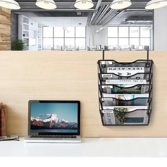 Alt view image 3 of 7 - Wall File Organizer 5 Pockets, Mail Organizer, Hanging Folder Holder, Foldable | Hanging or Wall Mounted | Label Panel | 2 Hooks | Office Home School Organizer, Black