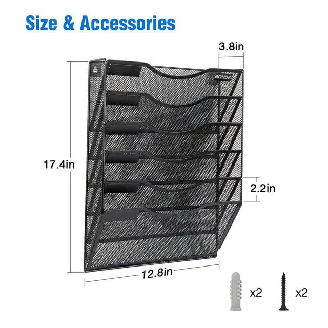 Alt view image 3 of 7 - Wall File Organizer, 6 Tier Hanging File Folder Mail Organizer, Vertical Mesh Metal Wall Mount Hanging File Holder, Paper Document Magazine Rack for Home Office Black