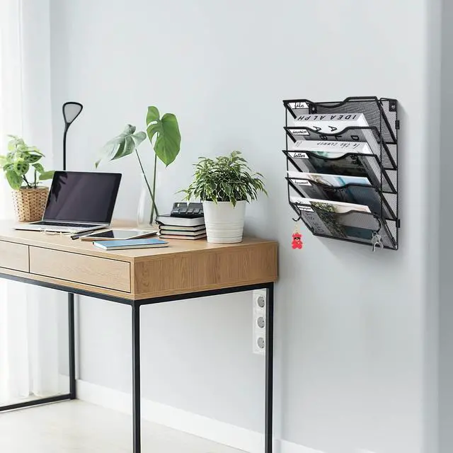Alt view image 4 of 7 - Wall File Organizer 5 Pockets, Mail Organizer, Hanging Folder Holder, Foldable | Hanging or Wall Mounted | Label Panel | 2 Hooks | Office Home School Organizer, Black