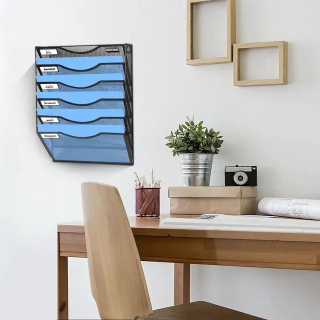 Alt view image 4 of 7 - Wall File Organizer, 6 Tier Hanging File Folder Mail Organizer, Vertical Mesh Metal Wall Mount Hanging File Holder, Paper Document Magazine Rack for Home Office Black