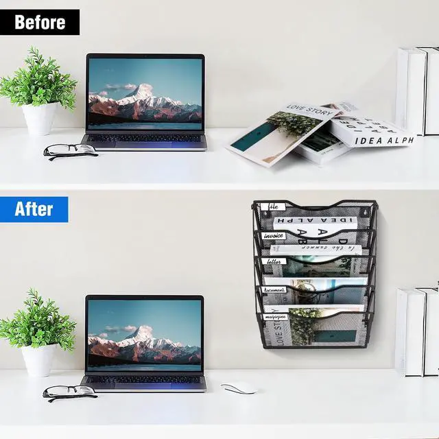 Alt view image 6 of 7 - Wall File Organizer 5 Pockets, Mail Organizer, Hanging Folder Holder, Foldable | Hanging or Wall Mounted | Label Panel | 2 Hooks | Office Home School Organizer, Black
