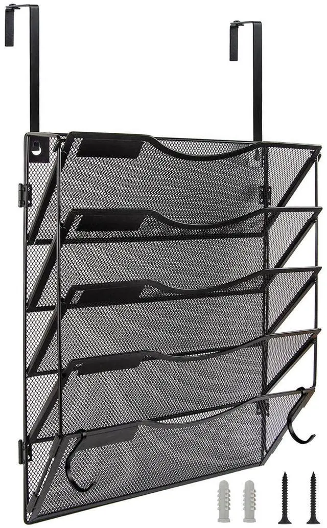 Main image of Wall File Organizer 5 Pockets, Mail Organizer, Hanging Folder Holder, Foldable | Hanging or Wall Mounted | Label Panel | 2 Hooks | Office Home School Organizer, Black