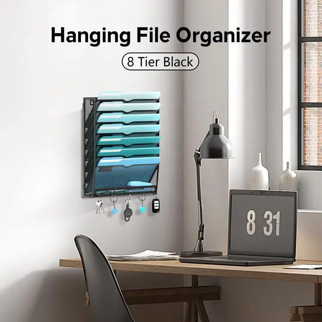 Alt view image 5 of 7 - 8-Tier Hanging Wall File Organizer with 5 Hooks, Mesh Wall File Holder Vertical Mount Mail Organizer for Papers, Folders, Magazines, Bills, Office and School, Black