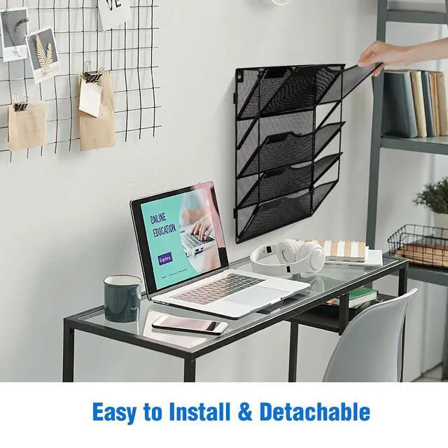 Alt view image 5 of 7 - Wall File Organizer 5 Pockets, Mail Organizer, Hanging Folder Holder, Foldable | Hanging or Wall Mounted | Label Panel | 2 Hooks | Office Home School Organizer, Black