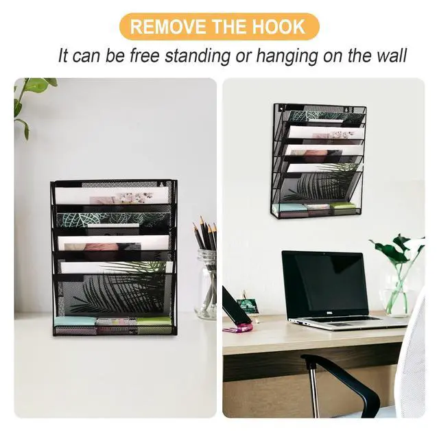 Alt view image 4 of 6 - Desk File Organizer Mesh 6-Tier with Hangers, Hanging Wall Mount Document Organization Stand, Desktop Vertical Mail Paper Folder Holder with Bottom Tray for Office Home Cubicle, Black