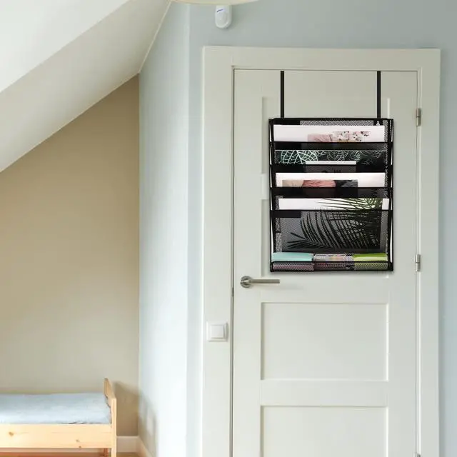 Alt view image 6 of 6 - Desk File Organizer Mesh 6-Tier with Hangers, Hanging Wall Mount Document Organization Stand, Desktop Vertical Mail Paper Folder Holder with Bottom Tray for Office Home Cubicle, Black