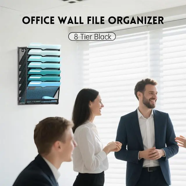 Alt view image 7 of 7 - 8-Tier Hanging Wall File Organizer with 5 Hooks, Mesh Wall File Holder Vertical Mount Mail Organizer for Papers, Folders, Magazines, Bills, Office and School, Black