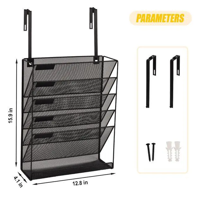 Alt view image 2 of 6 - Desk File Organizer Mesh 6-Tier with Hangers, Hanging Wall Mount Document Organization Stand, Desktop Vertical Mail Paper Folder Holder with Bottom Tray for Office Home Cubicle, Black