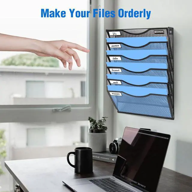 Alt view image 6 of 7 - Wall File Organizer, 6 Tier Hanging File Folder Mail Organizer, Vertical Mesh Metal Wall Mount Hanging File Holder, Paper Document Magazine Rack for Home Office Black