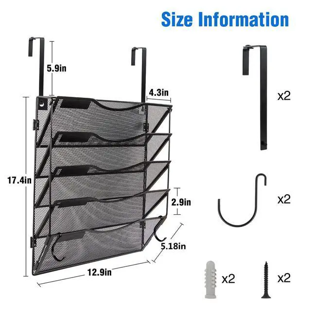 Alt view image 7 of 7 - Wall File Organizer 5 Pockets, Mail Organizer, Hanging Folder Holder, Foldable | Hanging or Wall Mounted | Label Panel | 2 Hooks | Office Home School Organizer, Black