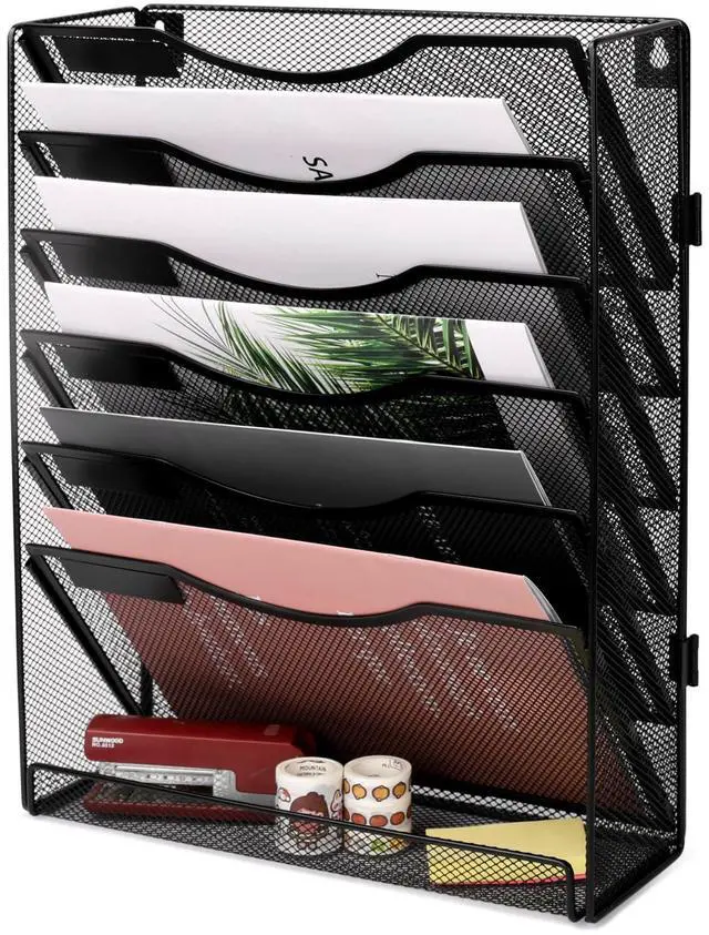 Main image of Wall File Holder Organizer 7 Tier Mesh Hanging Wall Mounted Document Paper Folder Filing Magazine Rack with Nametag Label for Office Home School, Black