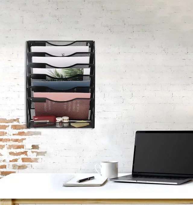 Alt view image 5 of 7 - Wall File Holder Organizer 7 Tier Mesh Hanging Wall Mounted Document Paper Folder Filing Magazine Rack with Nametag Label for Office Home School, Black