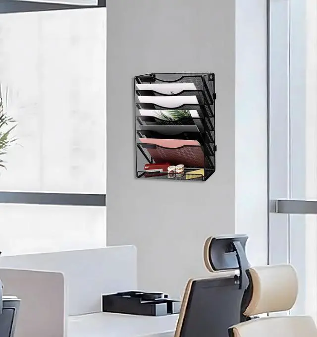 Alt view image 6 of 7 - Wall File Holder Organizer 7 Tier Mesh Hanging Wall Mounted Document Paper Folder Filing Magazine Rack with Nametag Label for Office Home School, Black