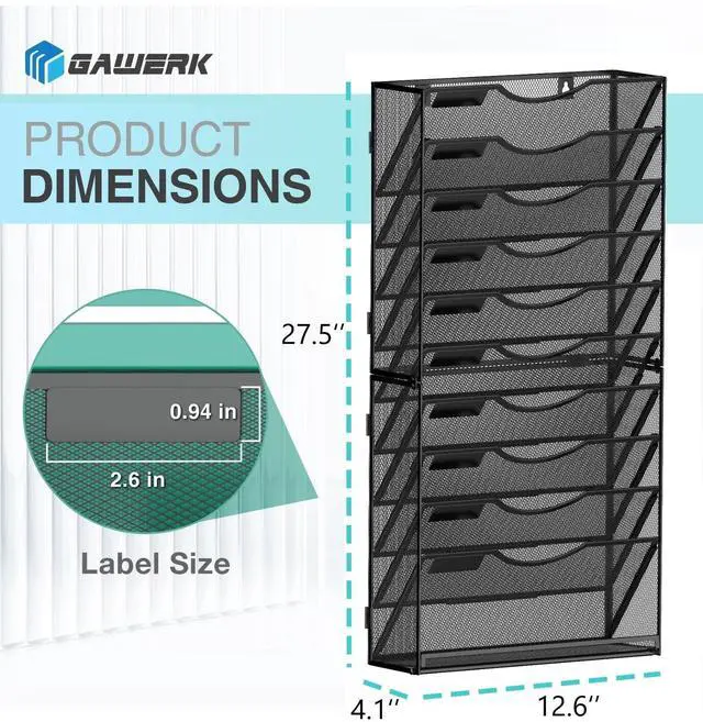 Alt view image 2 of 7 - 11-Tier Wall File Organizer Hanging Wall File Holder Wall Mount Paper Folder Organize, Mesh Magazine Document Mail Organizer Wall Organizer for Office School Home, Black
