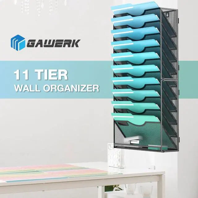 Alt view image 5 of 7 - 11-Tier Wall File Organizer Hanging Wall File Holder Wall Mount Paper Folder Organize, Mesh Magazine Document Mail Organizer Wall Organizer for Office School Home, Black