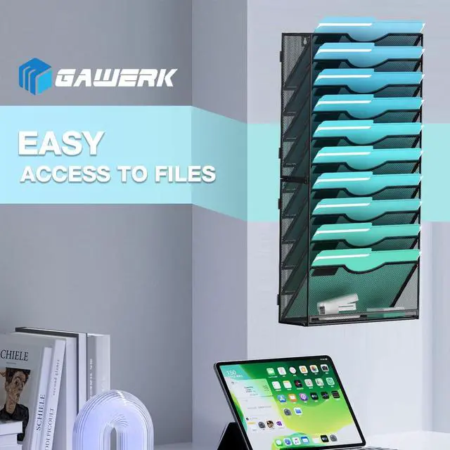 Alt view image 6 of 7 - 11-Tier Wall File Organizer Hanging Wall File Holder Wall Mount Paper Folder Organize, Mesh Magazine Document Mail Organizer Wall Organizer for Office School Home, Black