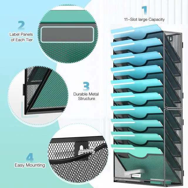 Alt view image 3 of 7 - 11-Tier Wall File Organizer Hanging Wall File Holder Wall Mount Paper Folder Organize, Mesh Magazine Document Mail Organizer Wall Organizer for Office School Home, Black