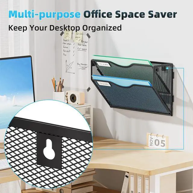 Alt view image 2 of 7 - Wall File Holder 2-Tier Hanging Wall File Organizer, Mesh Mail Holder for Papers, Wall Mount File Clipboard & Magazine Organizer Great for Office Home (Black)