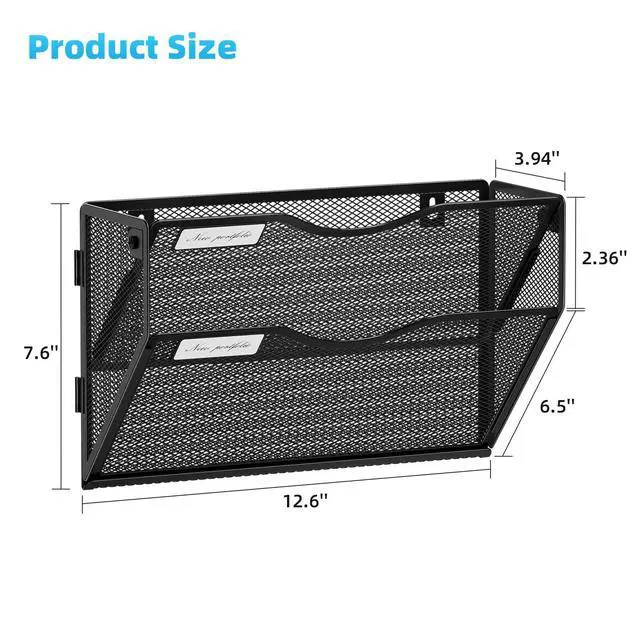 Alt view image 4 of 7 - Wall File Holder 2-Tier Hanging Wall File Organizer, Mesh Mail Holder for Papers, Wall Mount File Clipboard & Magazine Organizer Great for Office Home (Black)