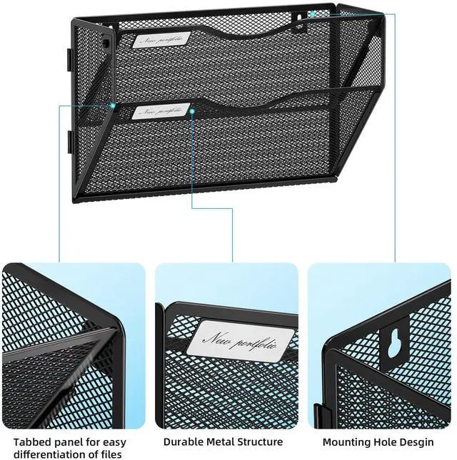 Alt view image 3 of 7 - Wall File Holder 2-Tier Hanging Wall File Organizer, Mesh Mail Holder for Papers, Wall Mount File Clipboard & Magazine Organizer Great for Office Home (Black)