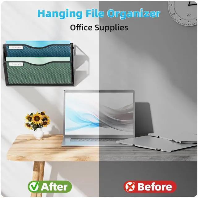 Alt view image 5 of 7 - Wall File Holder 2-Tier Hanging Wall File Organizer, Mesh Mail Holder for Papers, Wall Mount File Clipboard & Magazine Organizer Great for Office Home (Black)