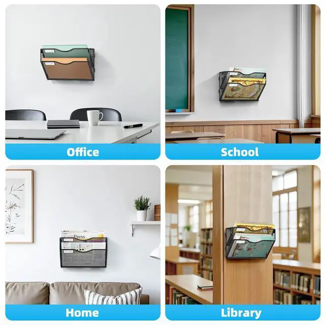 Alt view image 7 of 7 - Wall File Holder 2-Tier Hanging Wall File Organizer, Mesh Mail Holder for Papers, Wall Mount File Clipboard & Magazine Organizer Great for Office Home (Black)