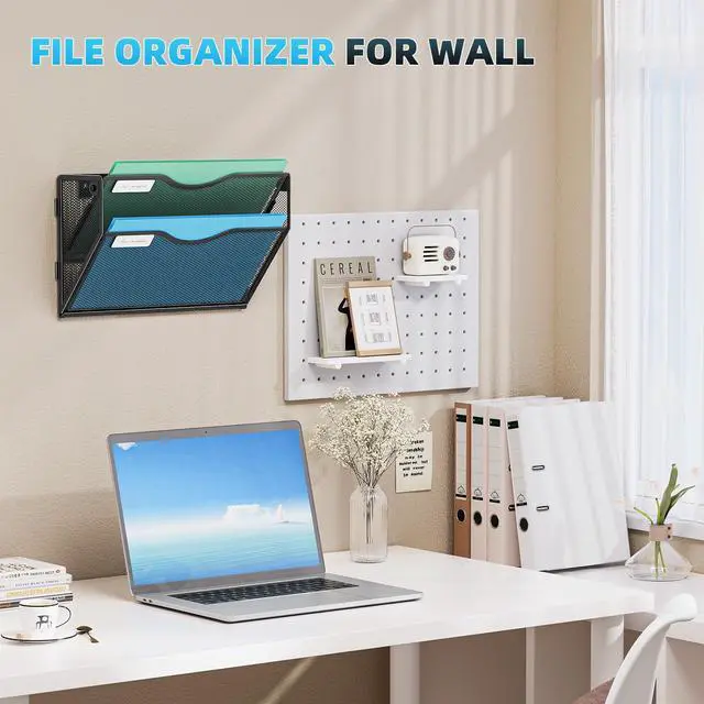Alt view image 6 of 7 - Wall File Holder 2-Tier Hanging Wall File Organizer, Mesh Mail Holder for Papers, Wall Mount File Clipboard & Magazine Organizer Great for Office Home (Black)
