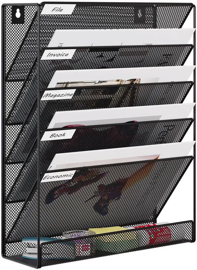 Main image of 5 Tier Wall File Holder, Mesh Hanging Folder Organizer with Classify Label, Versatile Desk File Holder, Vertical Wall Mounted Mail Organizer for Office Home Cubicle, Black
